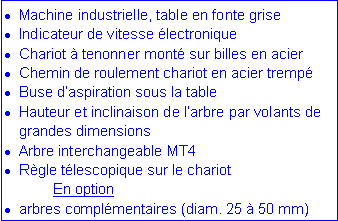 Zone de Texte: Machine industrielle, table en fonte grise
Indicateur de vitesse électronique
Chariot à tenonner monté sur billes en acier
Chemin de roulement chariot en acier trempé
Buse d’aspiration sous la table
Hauteur et inclinaison de l’arbre par volants de grandes dimensions
Arbre interchangeable MT4
Règle télescopique sur le chariot
En option
arbres complémentaires (diam. 25 à 50 mm)