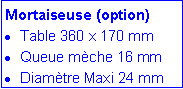 Zone de Texte: Mortaiseuse (option)
Table 360 x 170 mm
Queue mèche 16 mm
Diamètre Maxi 24 mm