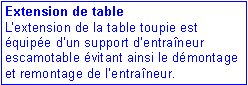 Zone de Texte: Extension de table
L�extension de la table toupie est équipée d�un support d�entraîneur escamotable évitant ainsi le démontage et remontage de l�entraîneur. 